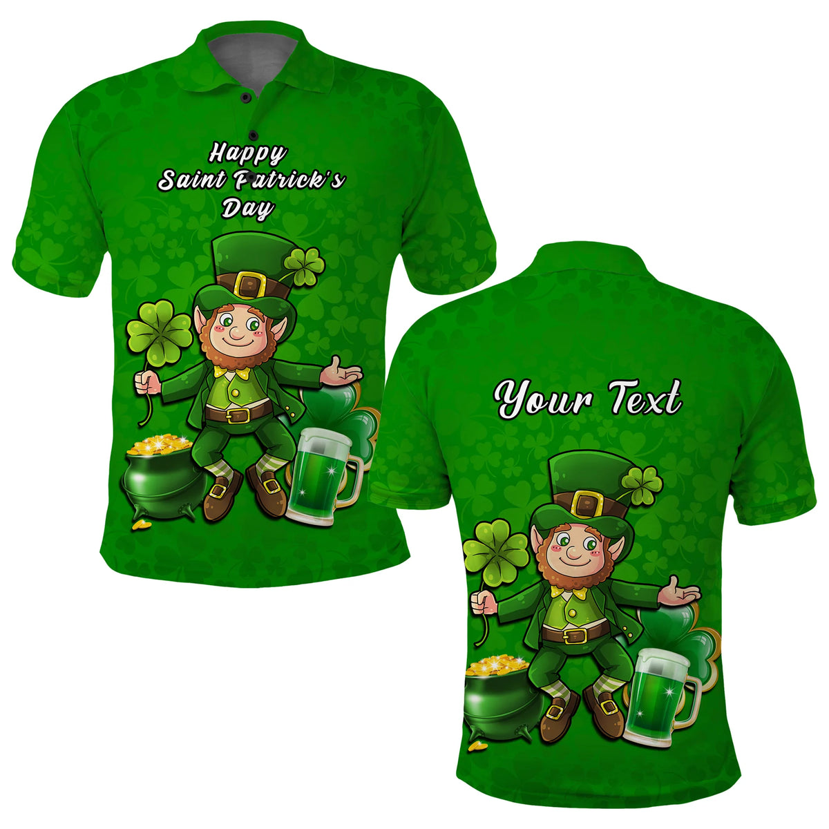 Green polo shirt with Happy Saint Patrick's Day print and leprechaun with shamrocks.