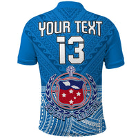 Blue rugby polo shirt back with "YOUR TEXT" and number 13 over Samoan geometric pattern.