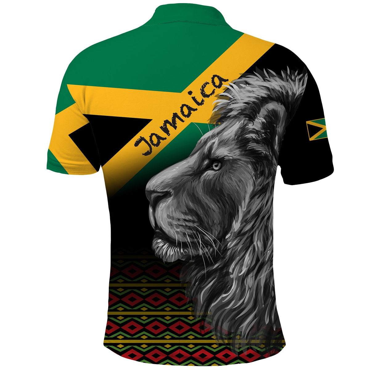 Back view kids polo with 'Jamaica' text, green and yellow diagonal stripes on black