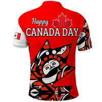 Red polo shirt back: “Happy Canada Day” with Haida eagle design and flag sleeve