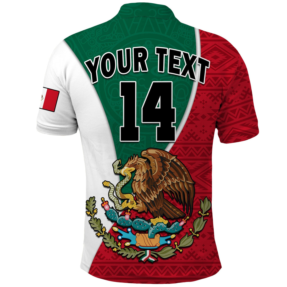 Polo shirt back: custom text and large '14' over red/white/green Aztec pattern