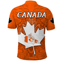 Orange Canada polo shirt with 'CANADA' text, maple leaf and wolf back print