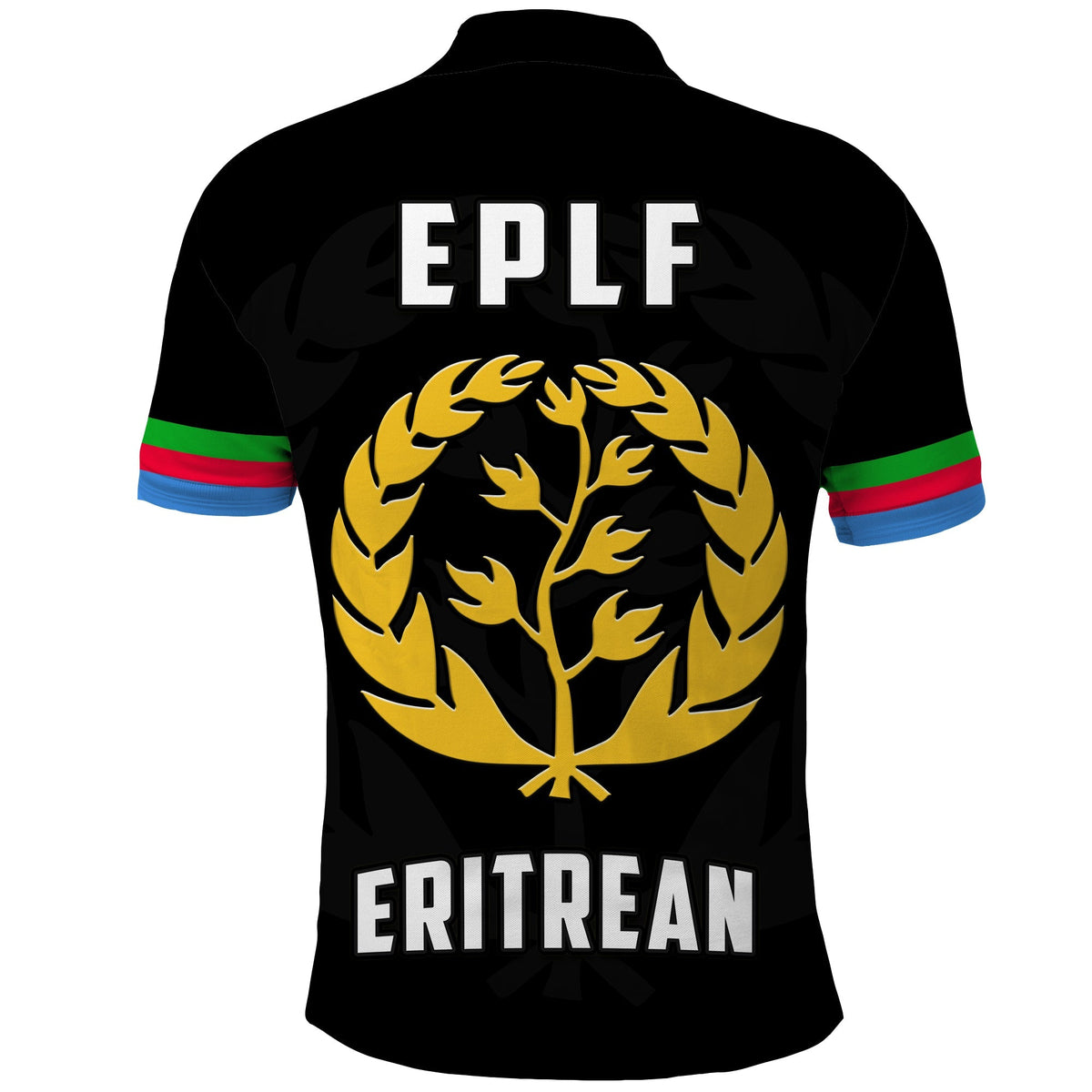 Black polo shirt back with EPLF and ERITREAN text, gold tree crest, striped cuffs.