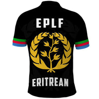 Black polo shirt back with EPLF and ERITREAN text, gold tree crest, striped cuffs.