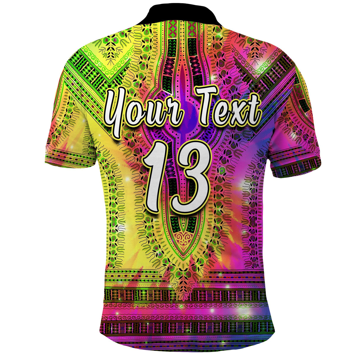 Back of multicolor dashiki polo with 'Your Text 13' print, black collar