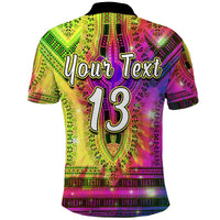 Back of multicolor dashiki polo with 'Your Text 13' print, black collar