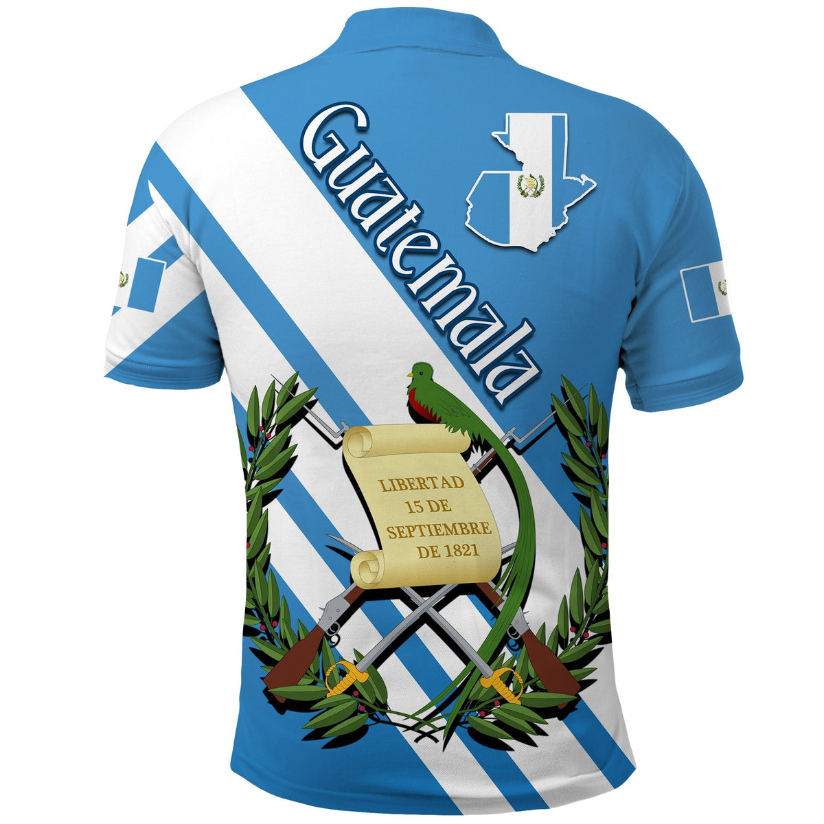 Back view blue polo with white diagonal stripes, Guatemala text, quetzal emblem