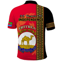Red and black back polo with '32 Years of Independence' text and Eritrea camel crest