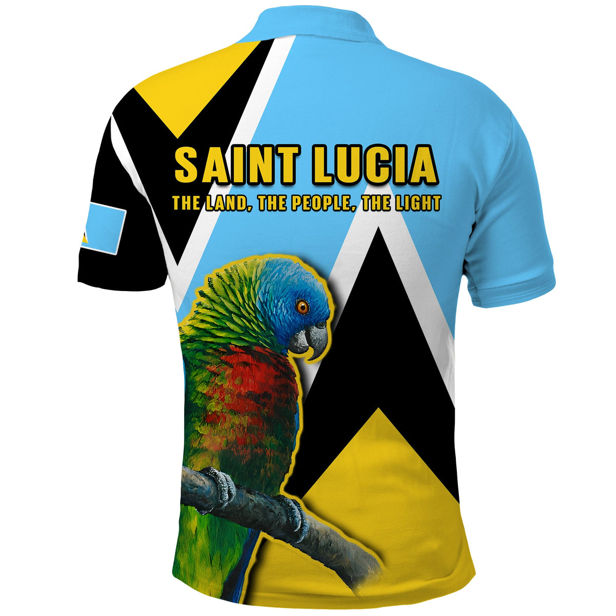 Blue polo shirt back with Saint Lucia text, parrot graphic, black/white/yellow geometric design
