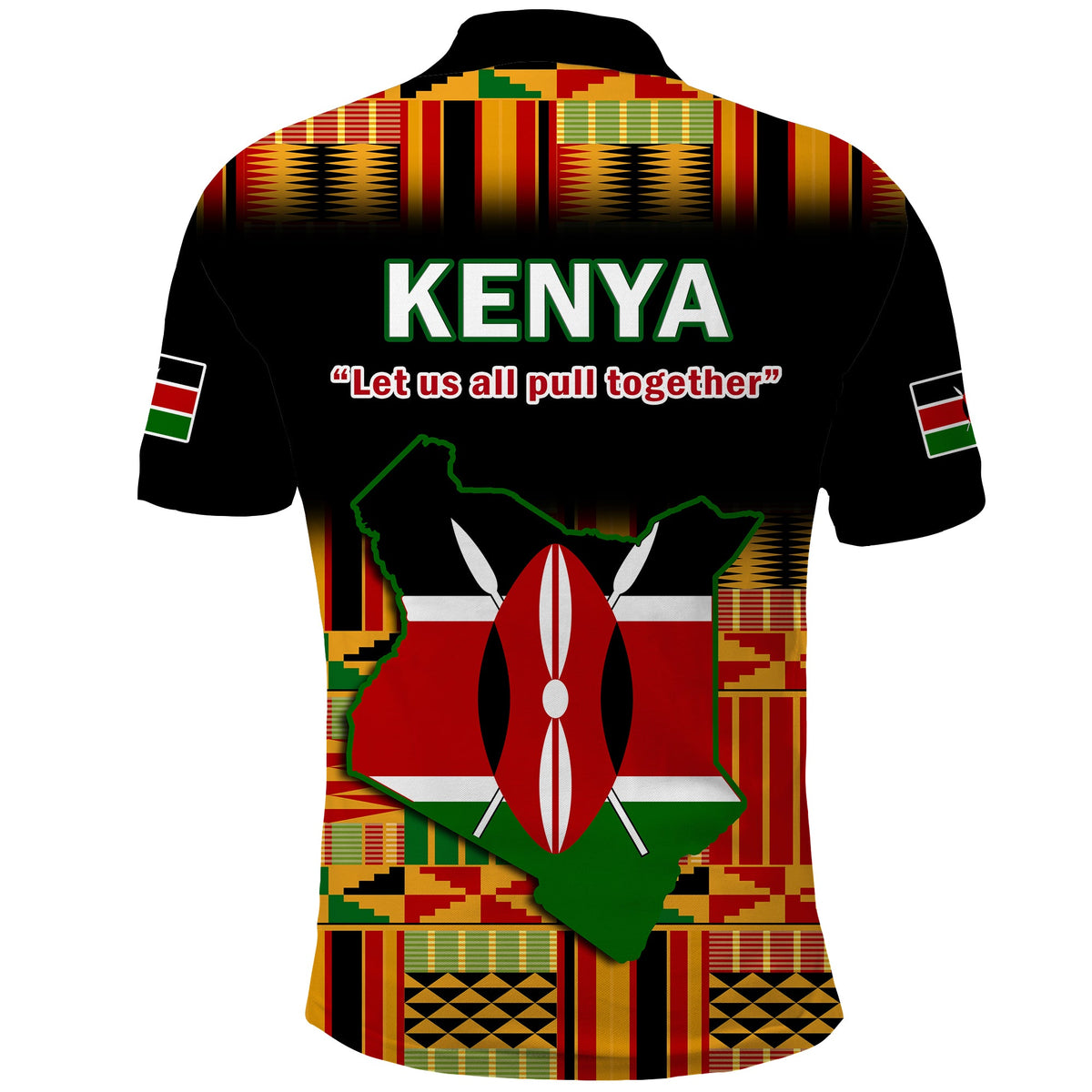 Black Kenya polo shirt with back Kenya map, flag and “Let us all pull together”