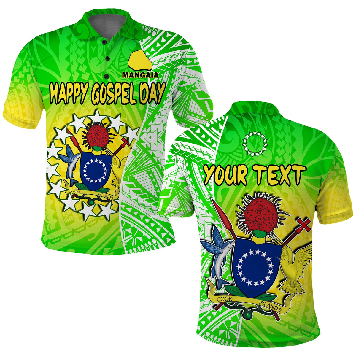 Green polo shirt with 'Happy Gospel Day' front print and Mangaia emblem