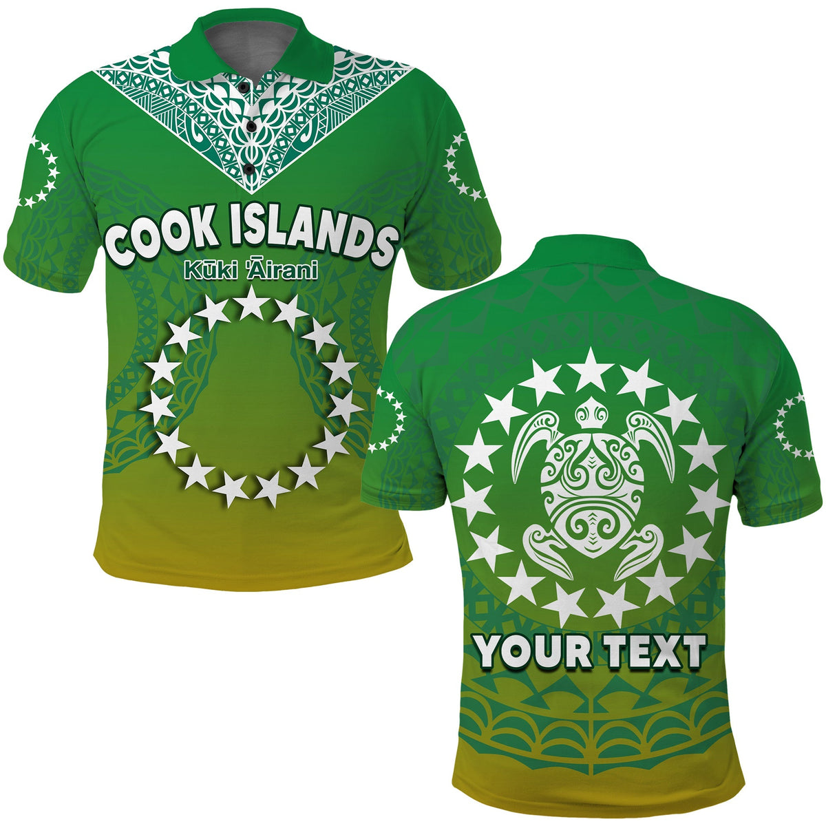 Green polo shirt with white geometric collar and circular star graphic with sea turtle, front