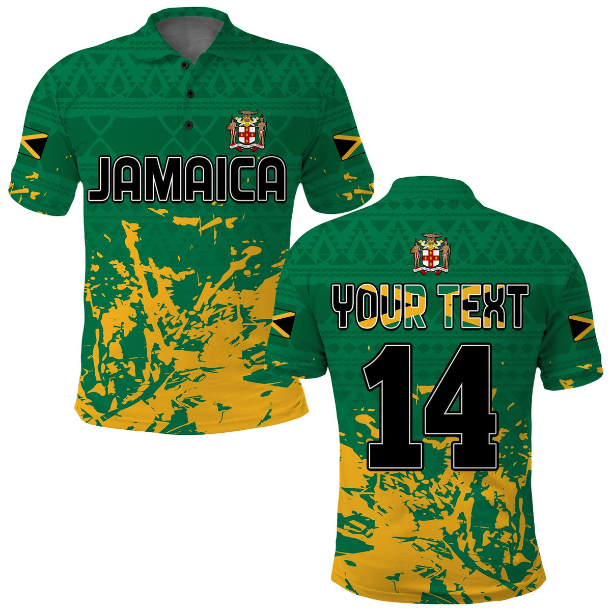 Green Jamaica polo shirt with 'JAMAICA' front text, crest and Jamaican flag pattern