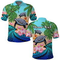 Turquoise polo shirt with tropical turtle and orchid print, palm leaves and starfish