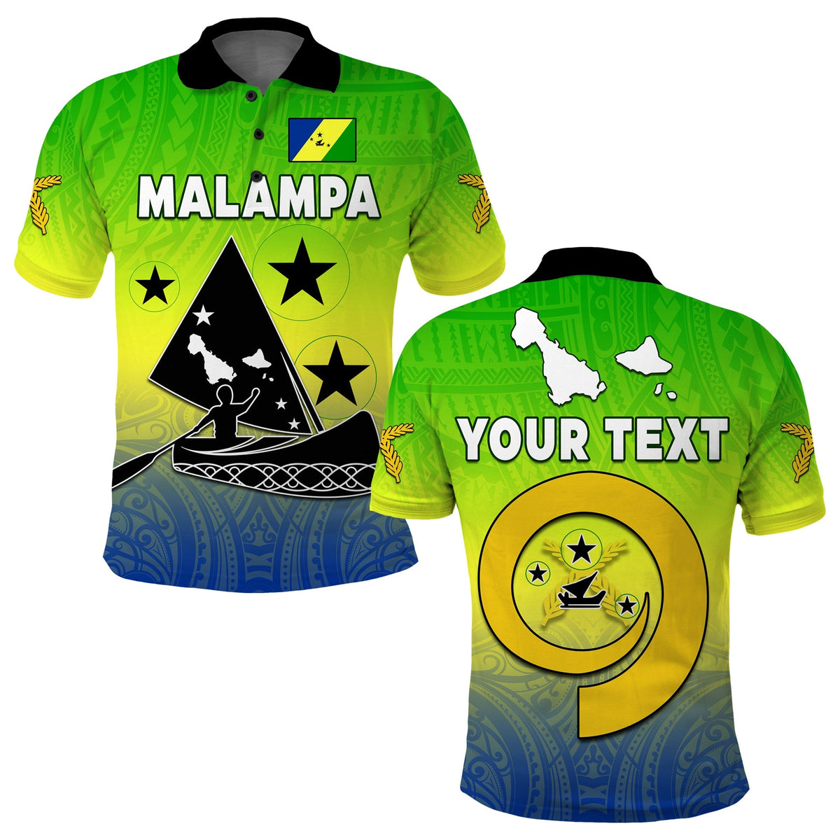 Green Malampa polo shirt with black collar and large 'MALAMPA' front graphic