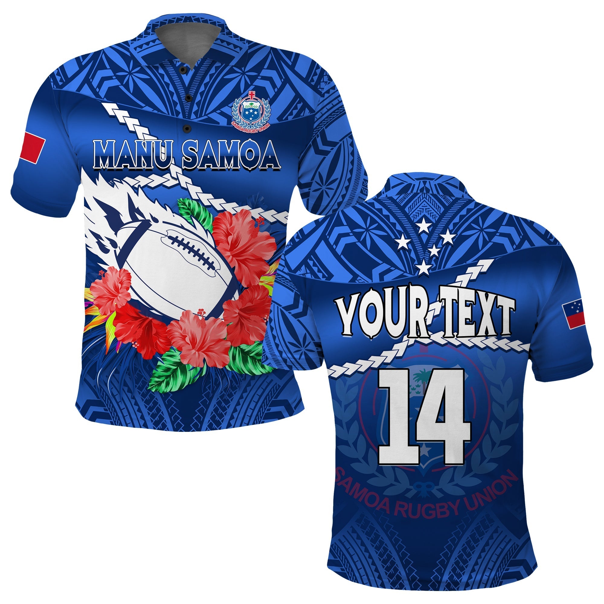 (Custom Text And Number) Samoa Rugby Polo Shirt Manu Samoa Polynesian Hibiscus Blue Style - Wonder Print Shop