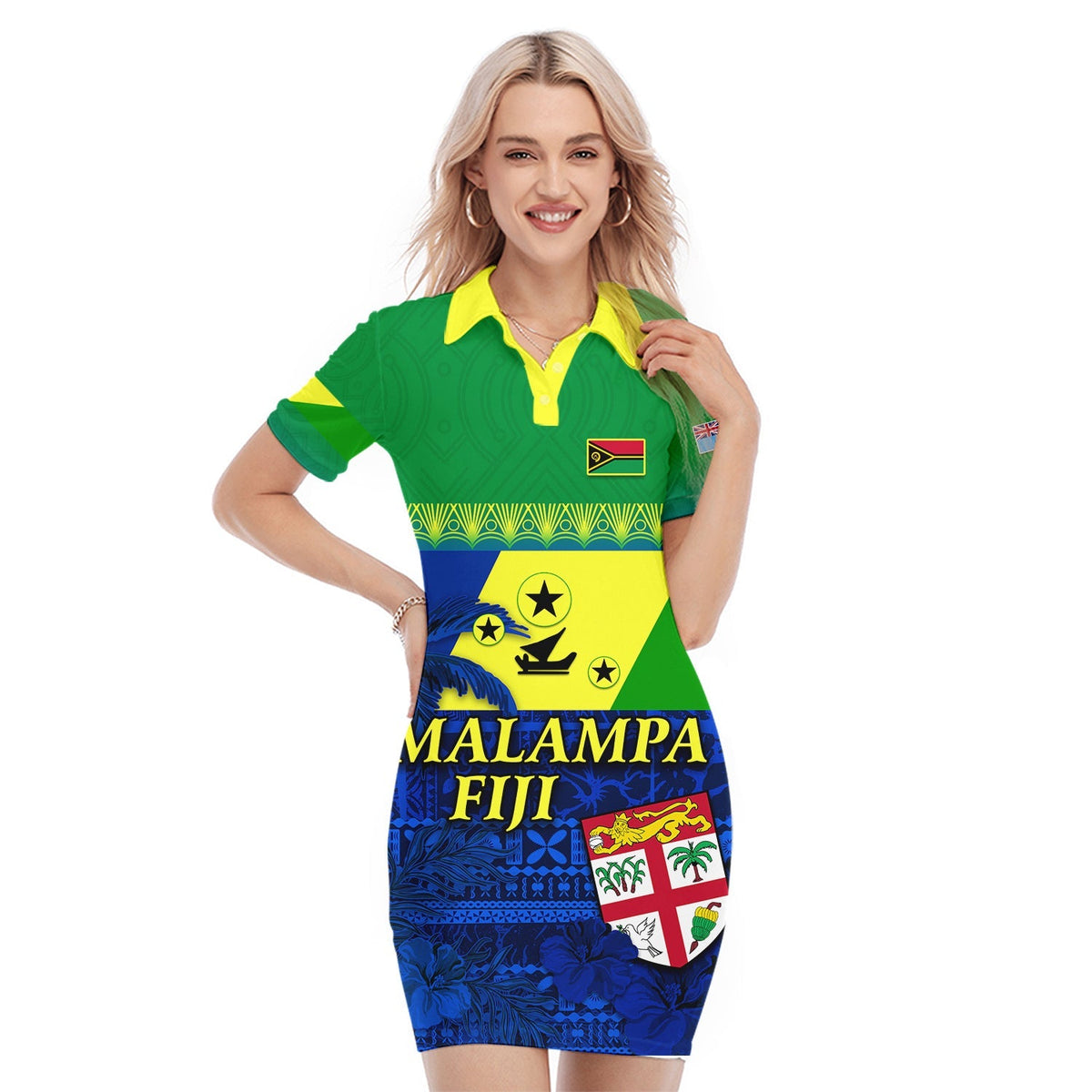 Green polo dress with yellow collar and blue floral patterned graphic front