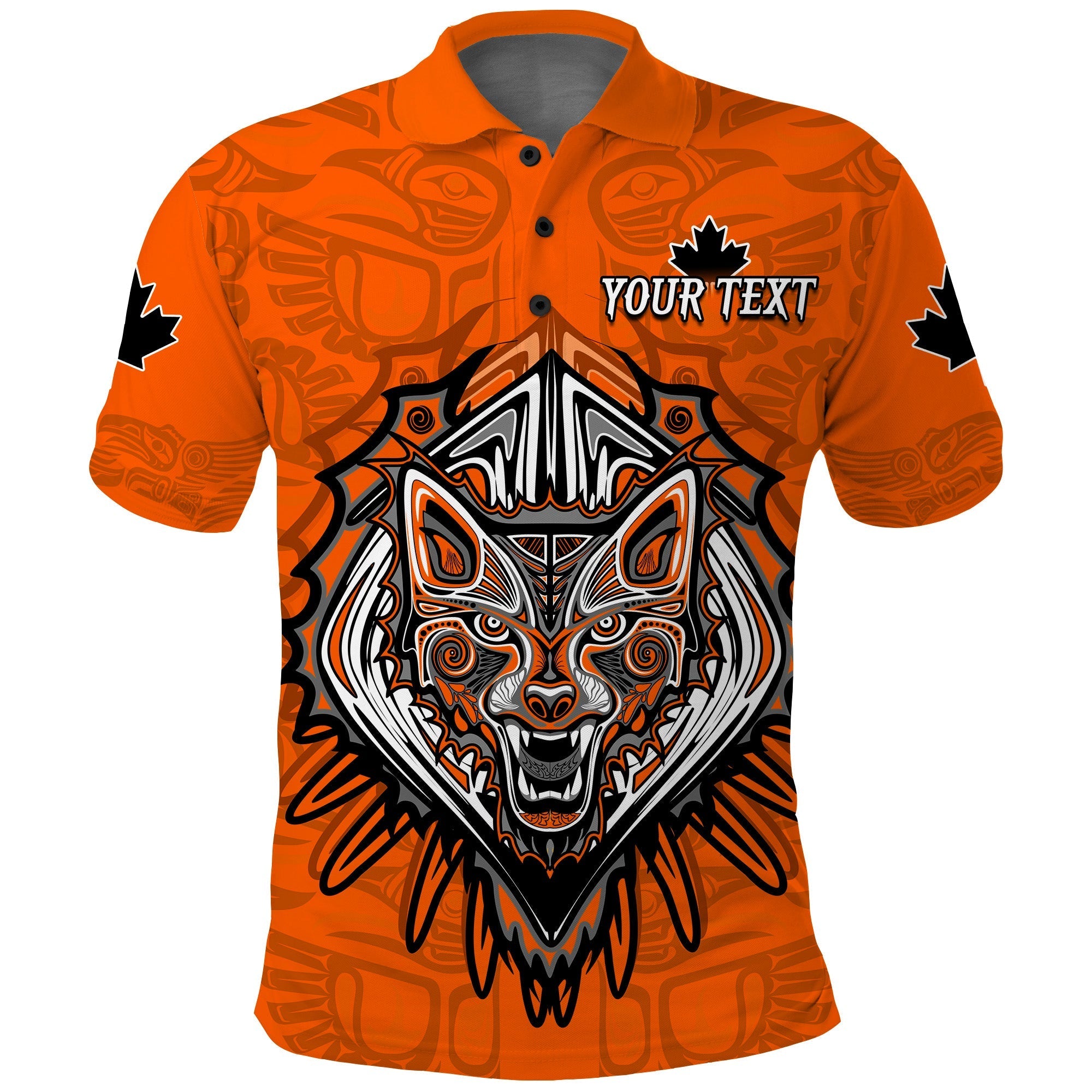 Custom Canada Maple Leaf Polo Shirt Orange Haida Wolf LT13 - Wonder Print Shop