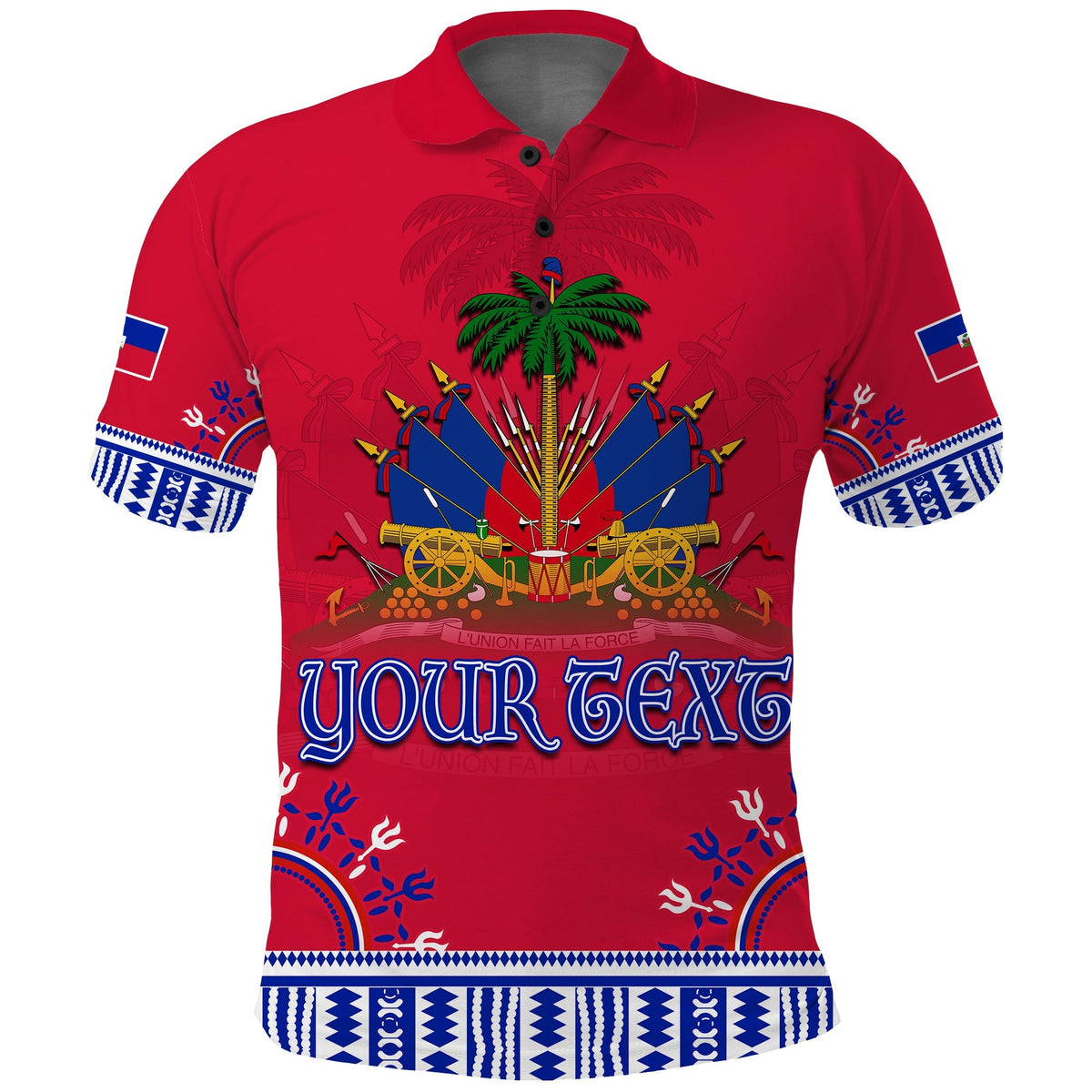 Red dashiki-style polo shirt with palm-and-cannon graphic, blue/white trim