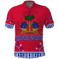 Red dashiki-style polo shirt with palm-and-cannon graphic, blue/white trim