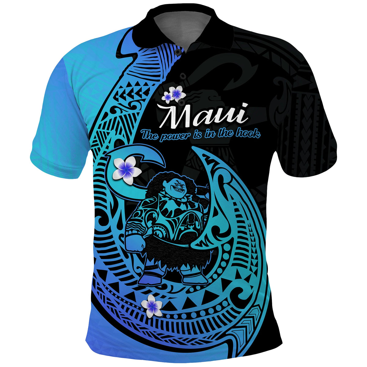 Turquoise and black polynesian polo shirt with fish hook print and flower accents