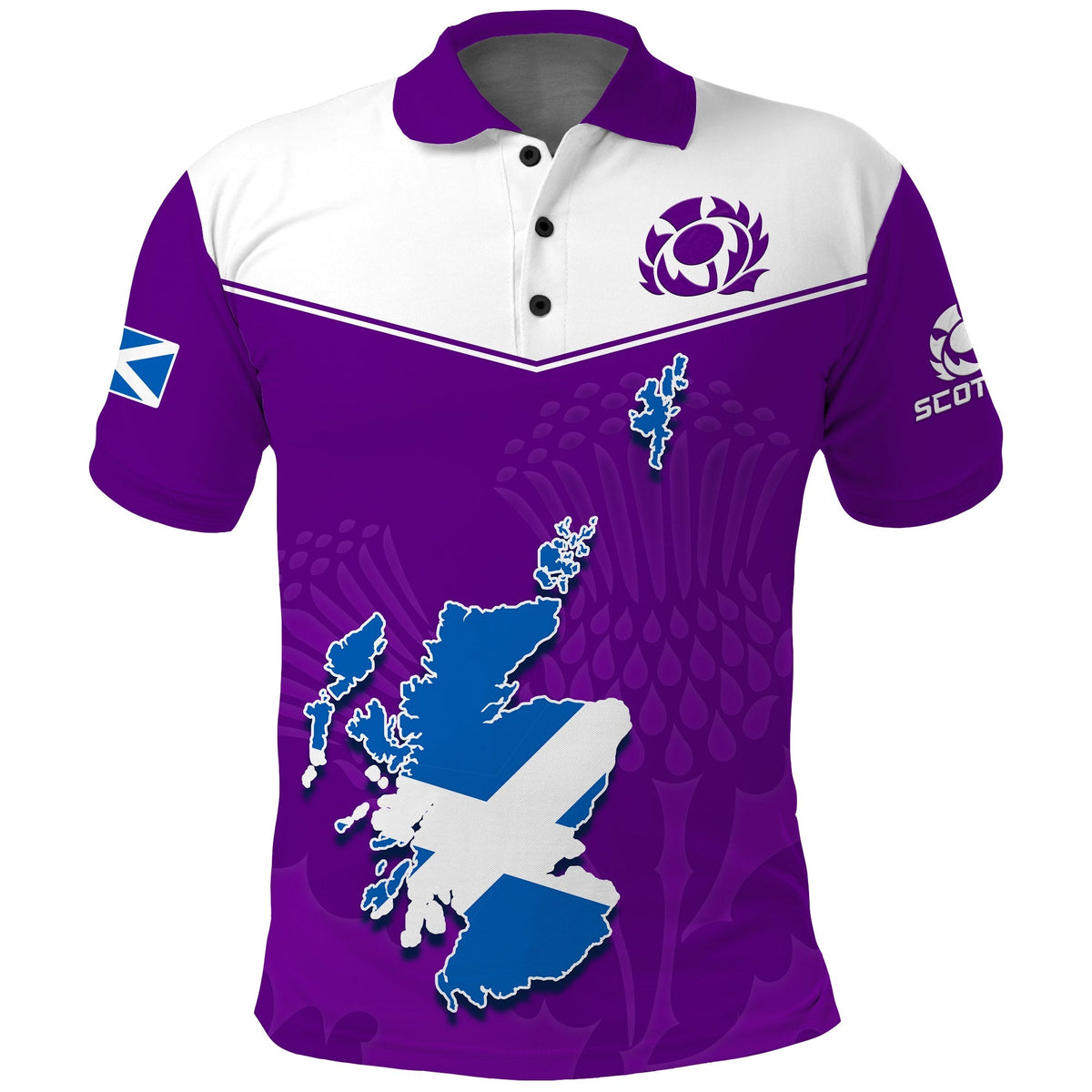 Purple rugby polo with white collar; Scotland map and thistle emblem on chest