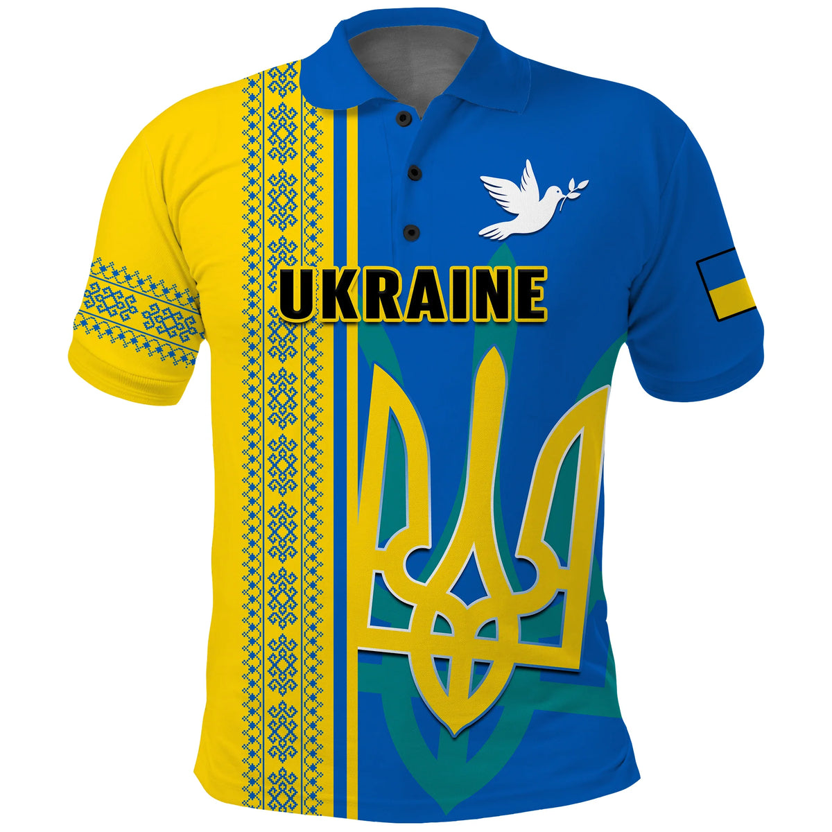 Blue and yellow polo shirt, button collar, dove emblem, and large trident graphic