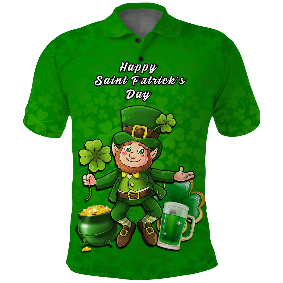 Green polo shirt with Happy Saint Patrick's Day print and leprechaun, shamrock pattern.