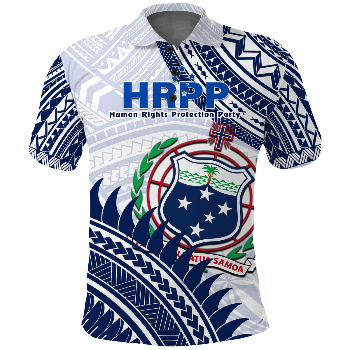 White polo shirt with blue patterns, large HRPP text, and shield crest on chest