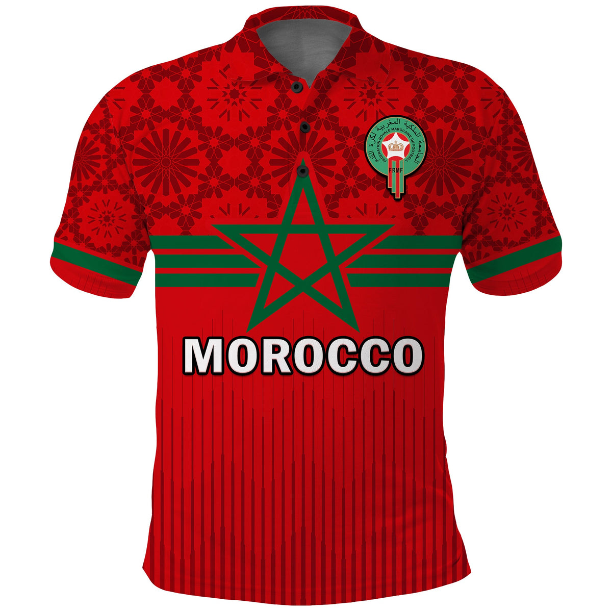 Red Morocco football polo shirt with Moroccan-style pattern, green star crest, striped hem