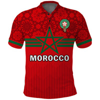 Red Morocco football polo shirt with Moroccan-style pattern, green star crest, striped hem