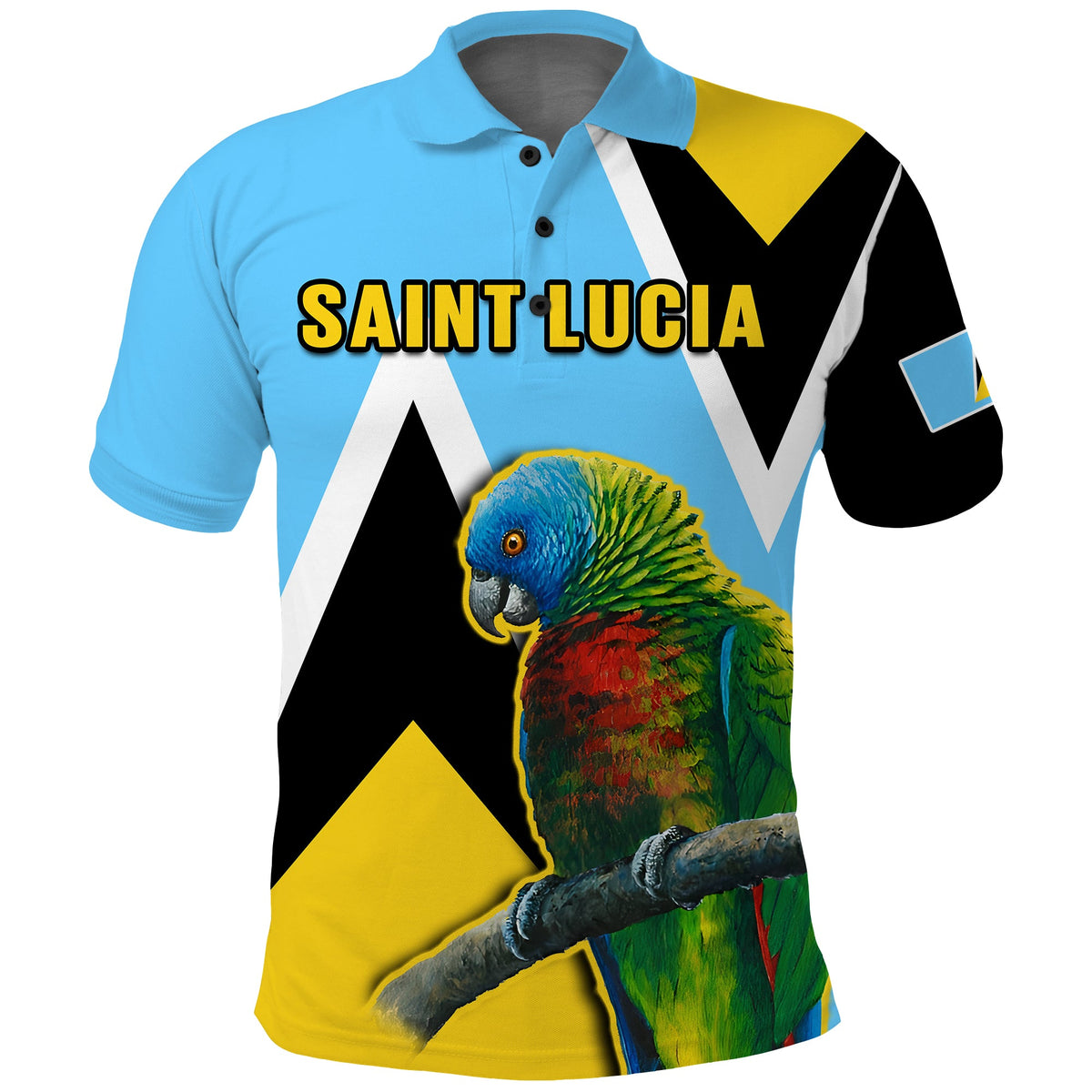 Light blue polo shirt with SAINT LUCIA text and colorful parrot graphic on front