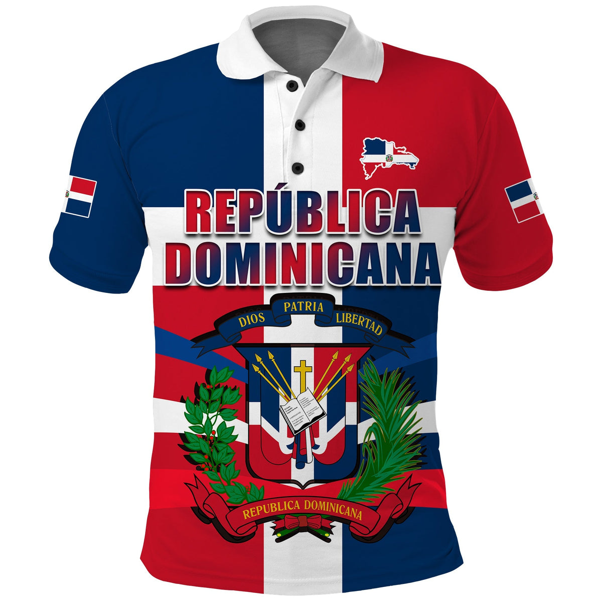 Red/blue/white Dominican polo with 'REPÚBLICA DOMINICANA' front crest