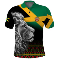 Kids lion polo shirt with green, yellow, and black Jamaican-patterned panels