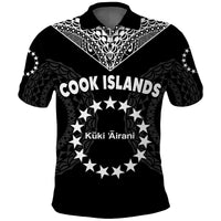Black polo shirt with patterned chevron collar and star circle graphic