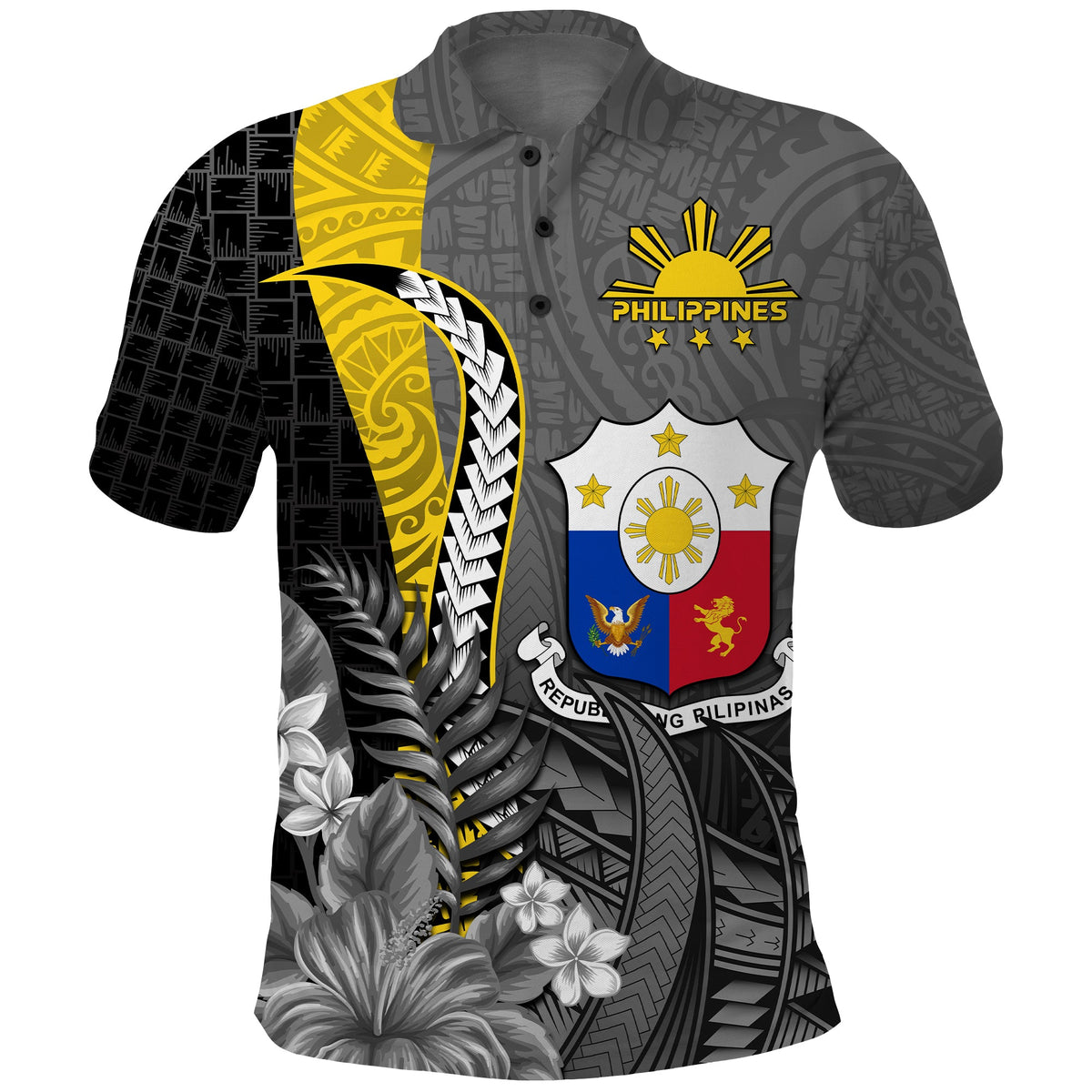 Black short-sleeve polo shirt with Philippines crest, yellow sun, and floral pattern