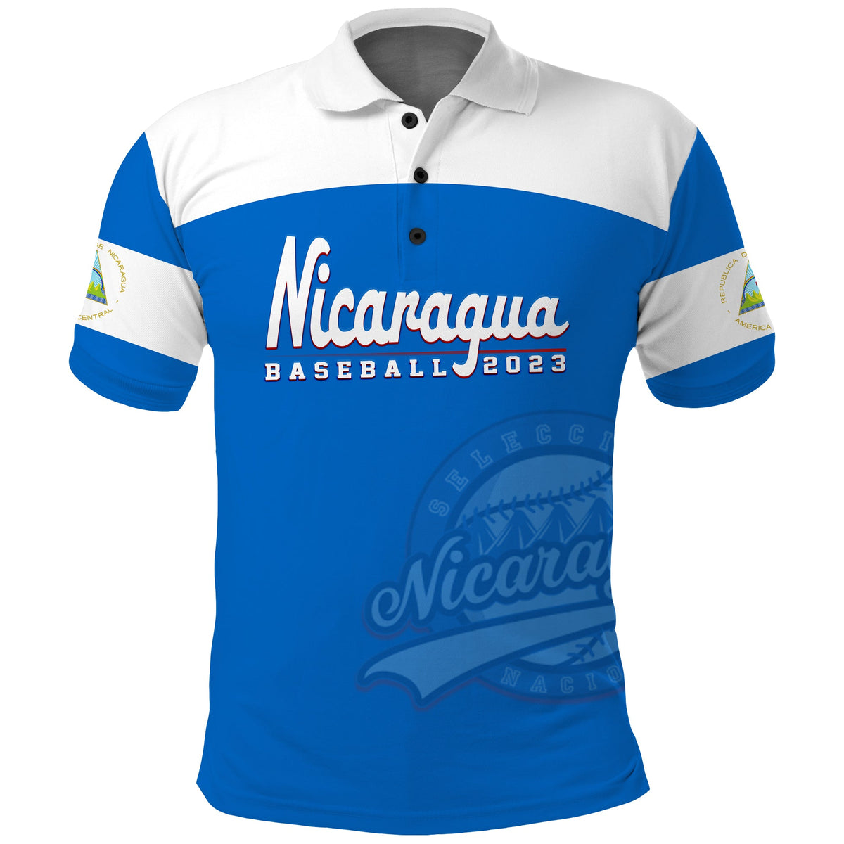 Nicaragua baseball polo shirt in blue/white with Nicaragua Baseball 2023 print