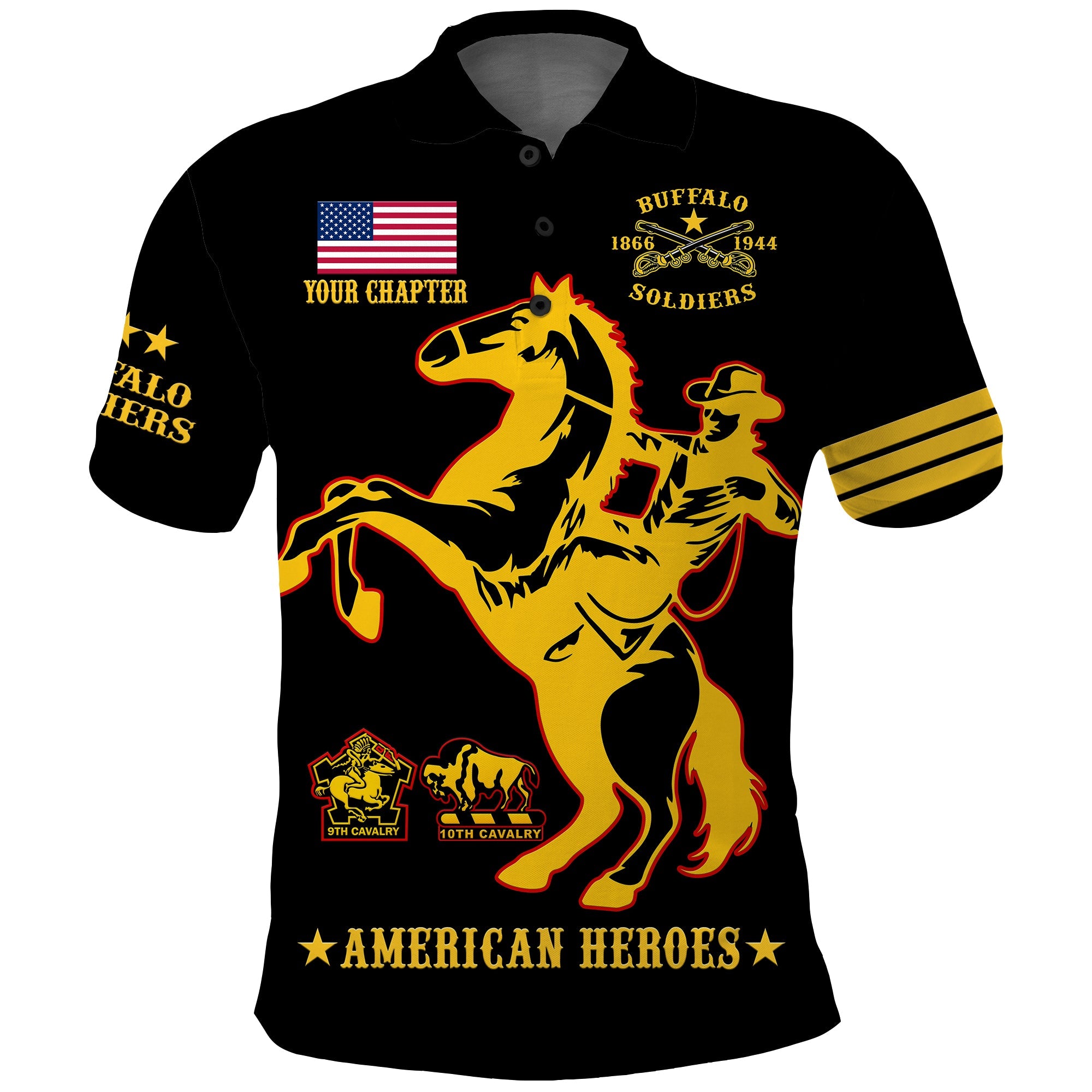 (Custom Text And Chapter) Buffalo Soldiers Polo Shirt BSMC United States Army Black - Wonder Print Shop