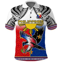 White polo shirt with eagle graphic and tribal geometric trim at collar