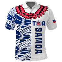 White rugby polo shirt with blue tribal print, red flower collar, TGA logo front