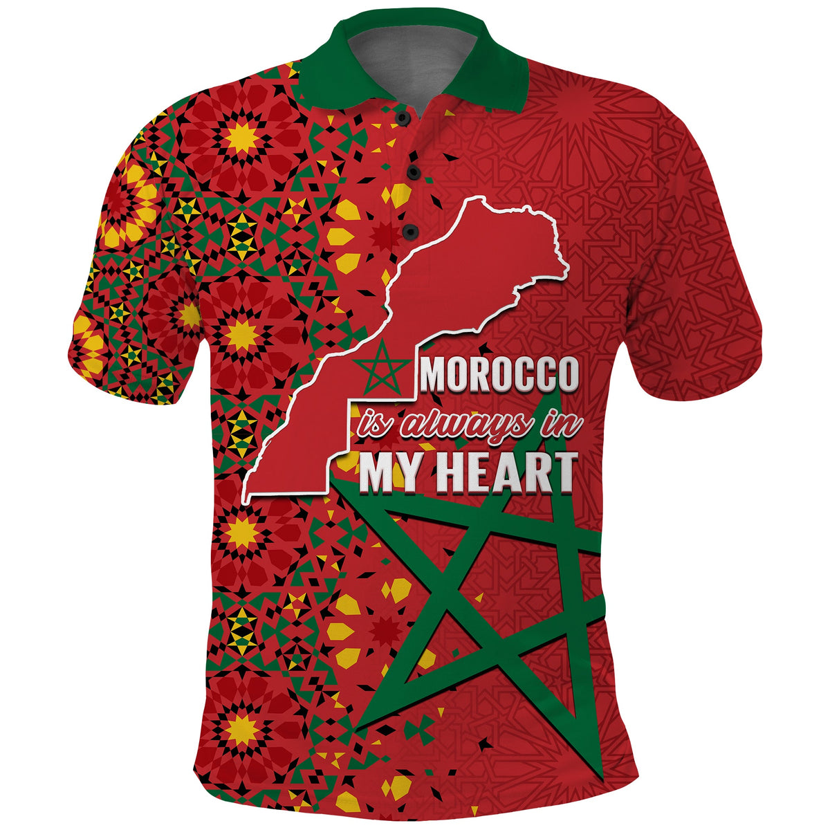 Red Morocco polo shirt with map graphic and 'is always in MY HEART' text