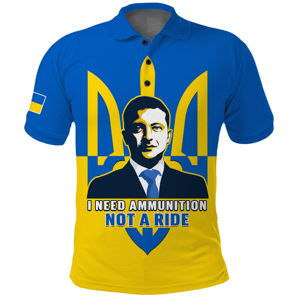 Blue and yellow polo shirt with front warrior graphic and 'I NEED AMMUNITION'