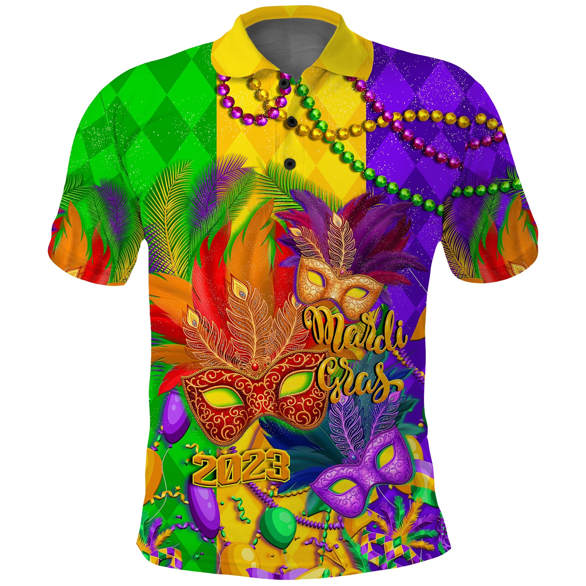 Custom Mardi Gras Polo Shirt 2023 Carnival Masks With Feathers - Wonder Print Shop