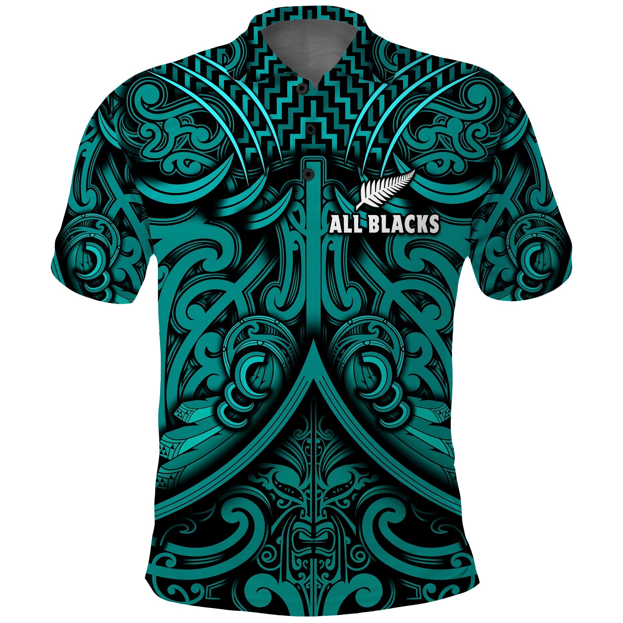 New Zealand Silver Fern Rugby Polo Shirt All Black Turquoise NZ Maori Pattern LT13 - Wonder Print Shop