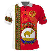 Red polo shirt with white collar, camel crest and Eritrea emblem, patterned trim panel