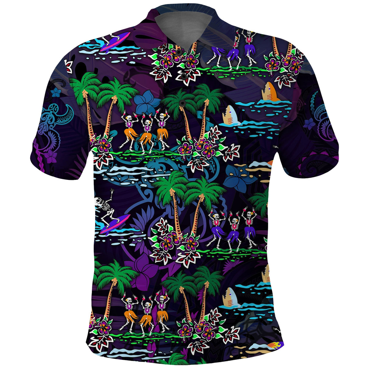 Purple skeleton and palm print polo shirt with floral accents and short sleeves