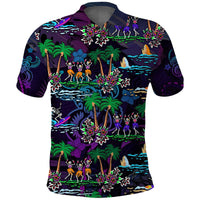 Purple skeleton and palm print polo shirt with floral accents and short sleeves