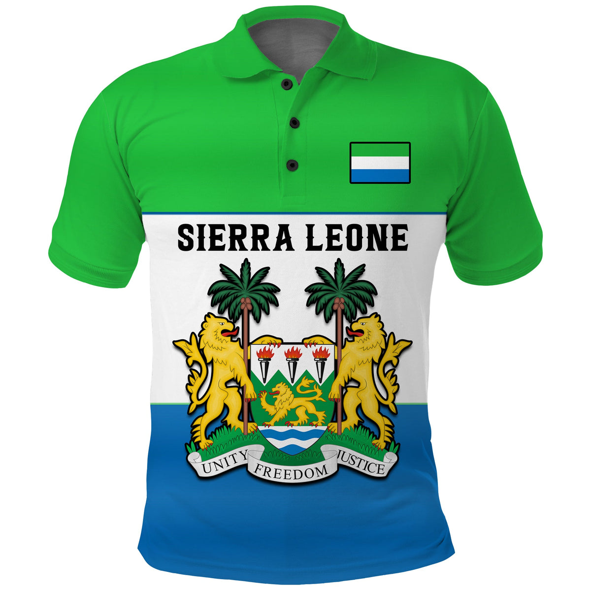 Green-to-blue polo shirt with Sierra Leone shield graphic and small flag patch on chest
