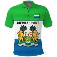 Green-to-blue polo shirt with Sierra Leone shield graphic and small flag patch on chest