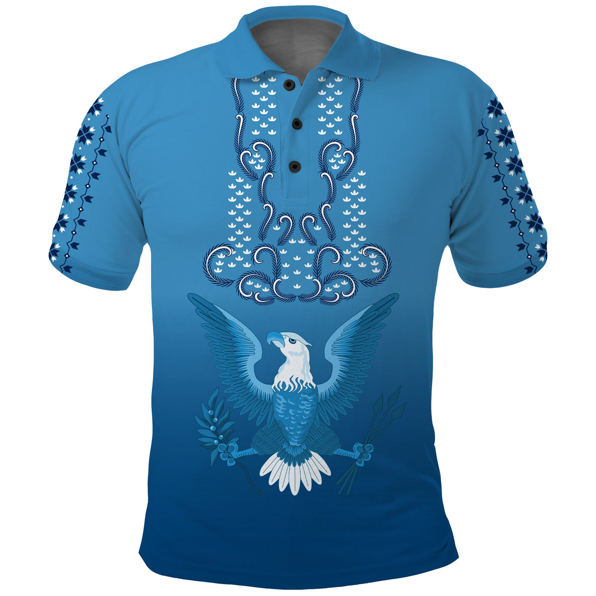 Blue barong-style polo shirt with ornate sun and bird graphic, short sleeves